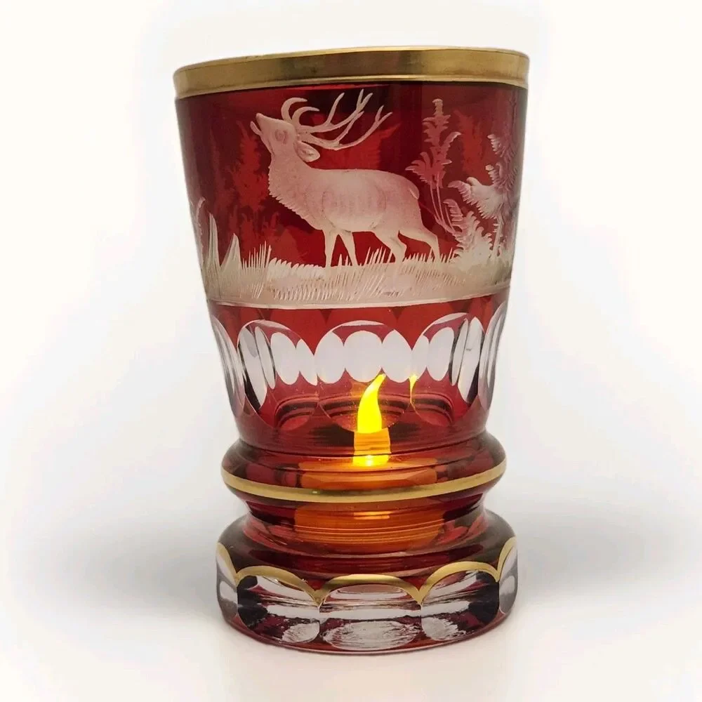 Bohemian Ruby Red Cut to Clear Goblet Glass Stag Deer Elk Hunting Cup Czech Vase